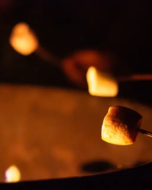 Kamp ateşinin üzerinde kızaran marshmallow