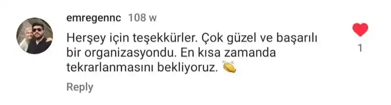 emregennc kullanıcısının Instagram yorumu: Her şey için teşekkürler. Çok güzel ve başarılı bir organizasyondu. En kısa zamanda tekrarlanmasını bekliyoruz.